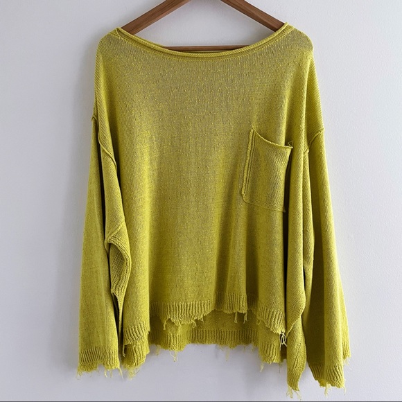 Free People Sweaters - Free People Yellow Oversized Distressed Prism Solid Sweater Small